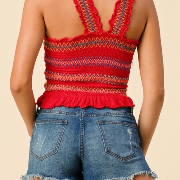 Heart Hips Red Smocked Crop Tank Top with multi color stitching - Picture 2 of 7